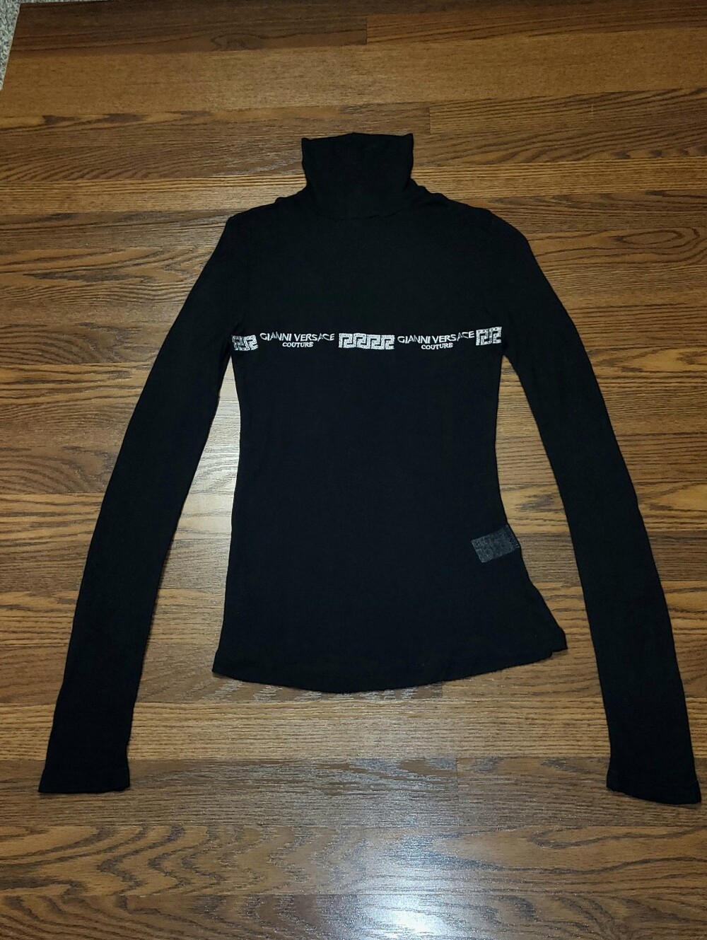 Womens Black VERSACE Sheer Long Sleeve RHINESTONE Turtleneck Shirt Silk Top sz L